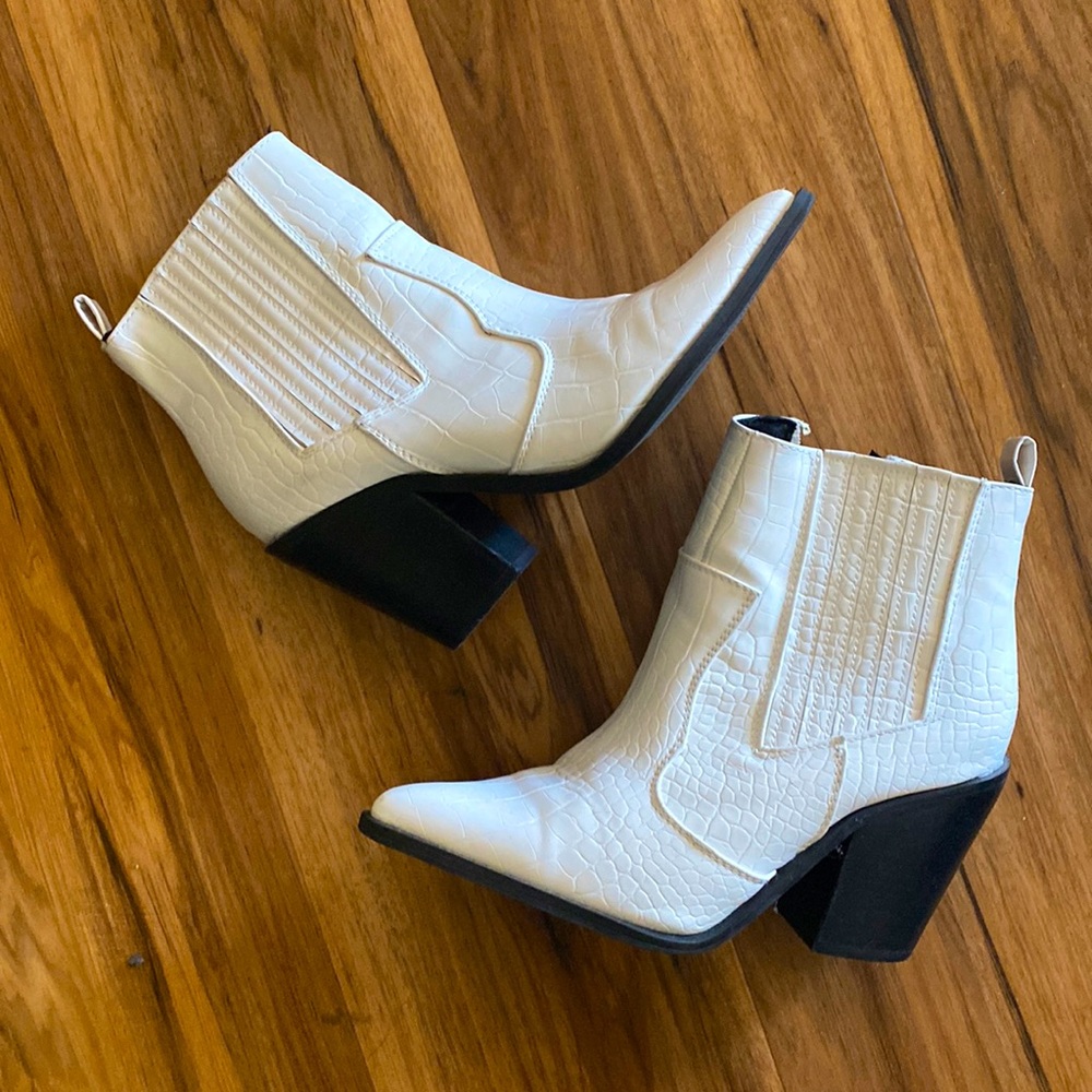 White Croc Skin Cowboy Bootie